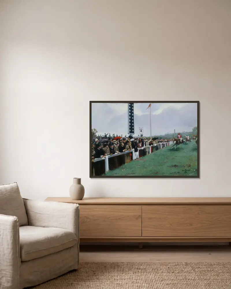 Kapplöpning på Longchamp; ankomst till mål av Jean Béraud inramad på en vägg
