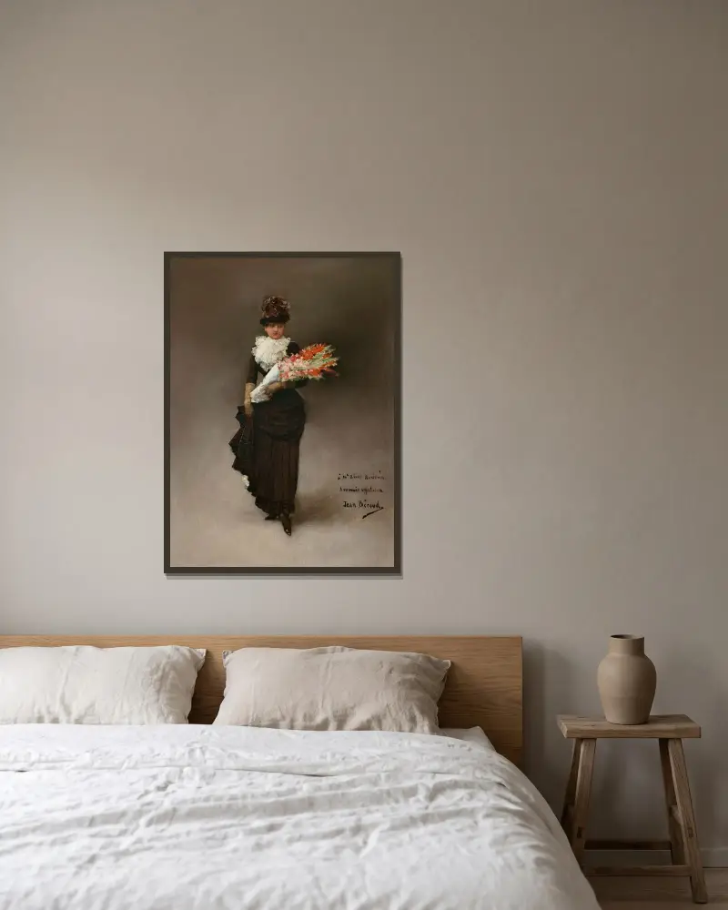 Ung kvinna med blombukett av Jean Béraud inramad på en vägg