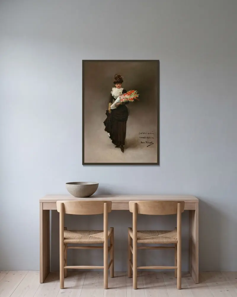 Ung kvinna med blombukett av Jean Béraud inramad på en vägg