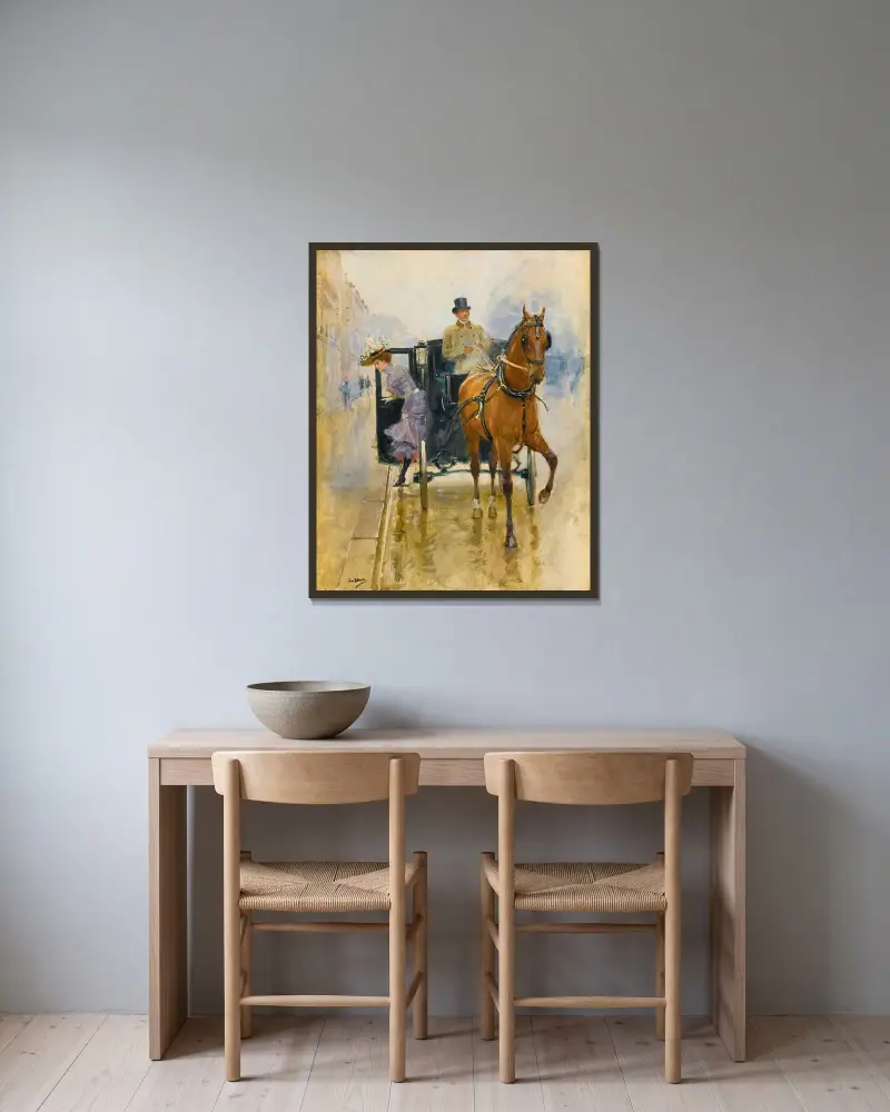 Ung kvinna stiger ner från en fiaker av Jean Béraud inramad på en vägg
