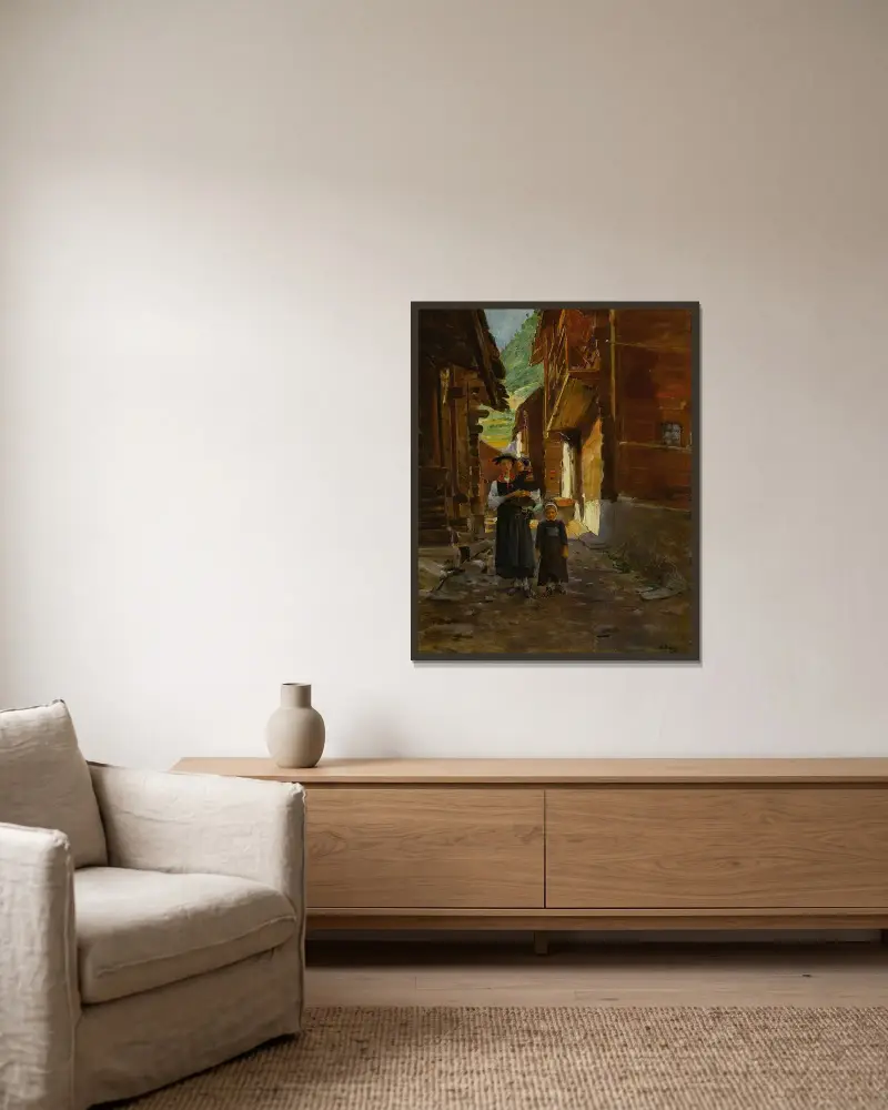 Ung kvinna och barn i bergslandskap av Jean Béraud inramad på en vägg