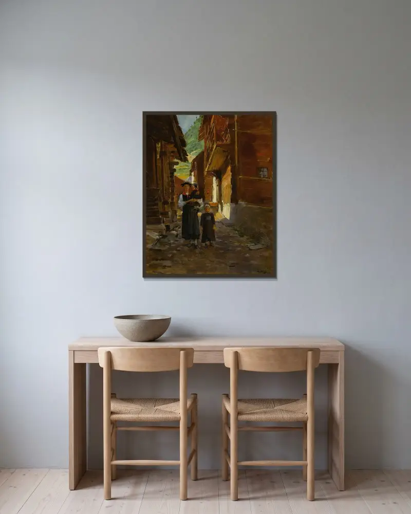 Ung kvinna och barn i bergslandskap av Jean Béraud inramad på en vägg