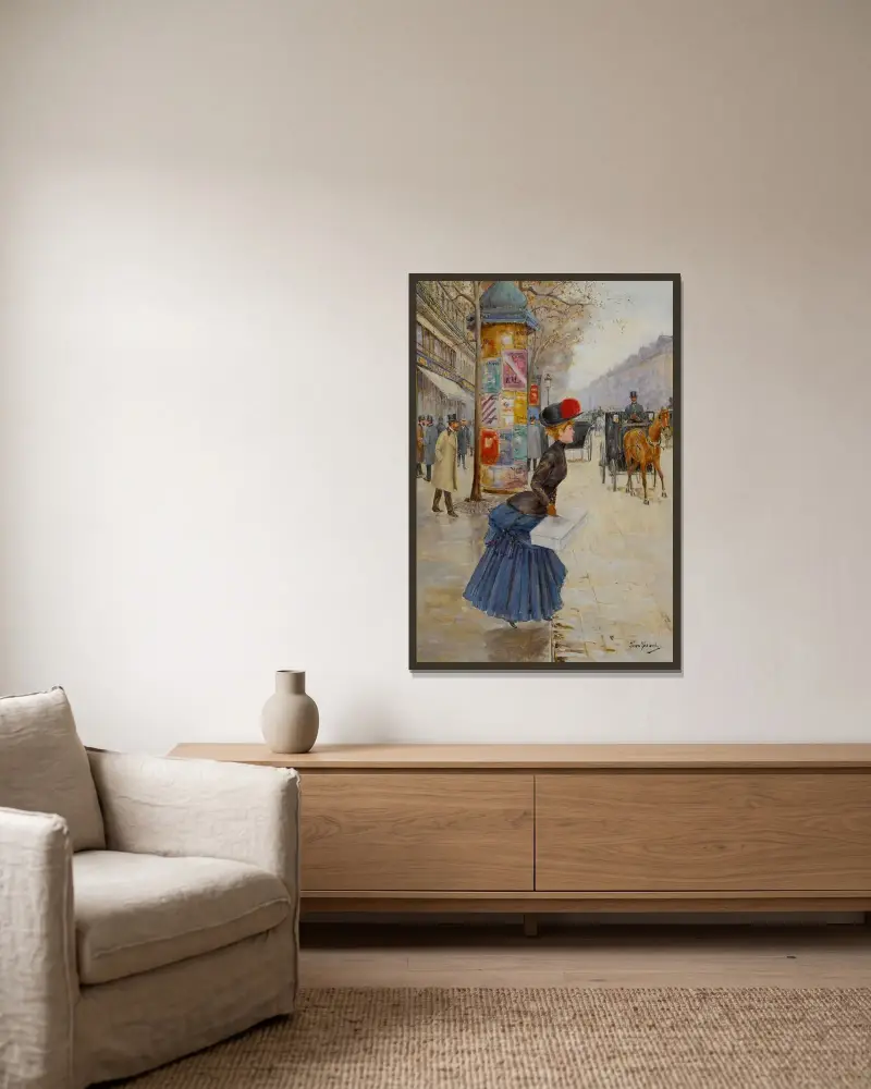 Ung kvinna som korsar boulevarden av Jean Béraud inramad på en vägg