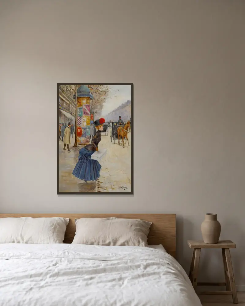 Ung kvinna som korsar boulevarden av Jean Béraud inramad på en vägg
