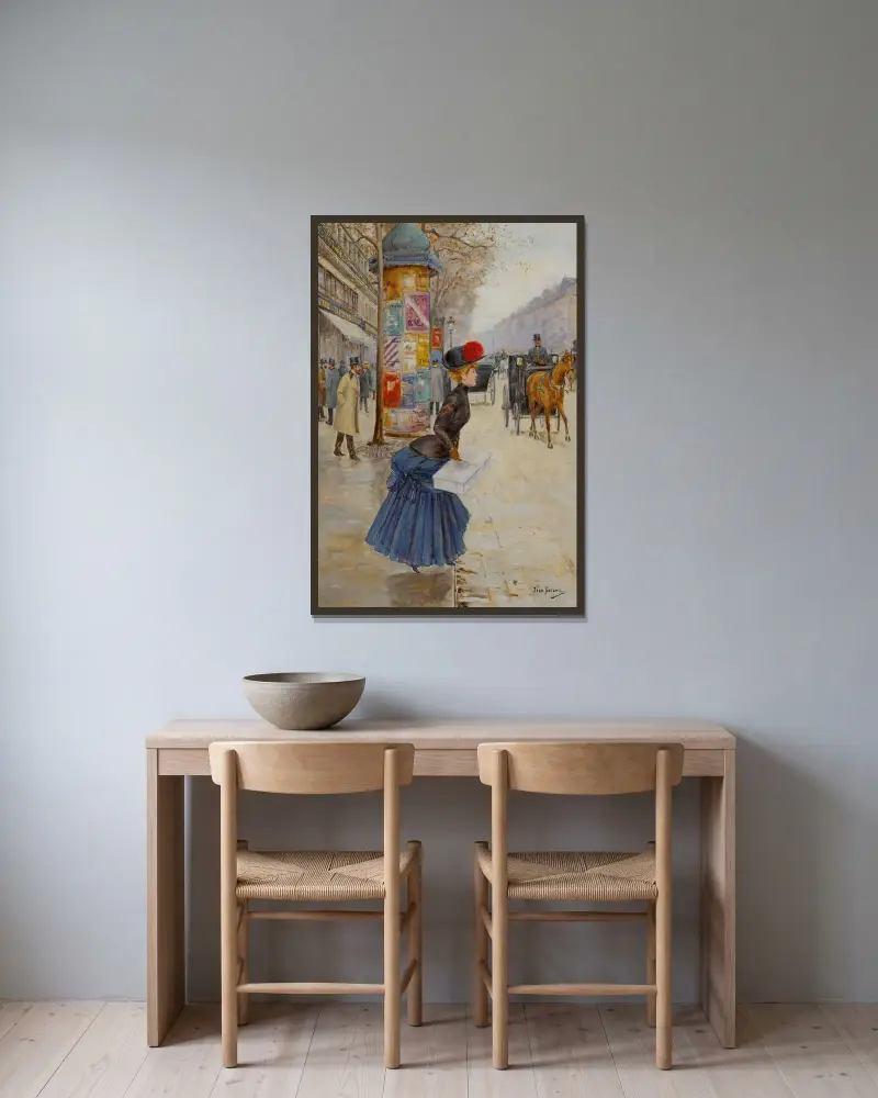 Ung kvinna som korsar boulevarden av Jean Béraud inramad på en vägg