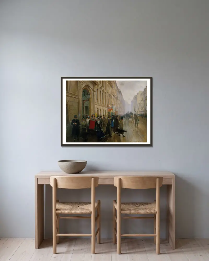 Utgången från musikkonservatoriet av Jean Béraud inramad på en vägg