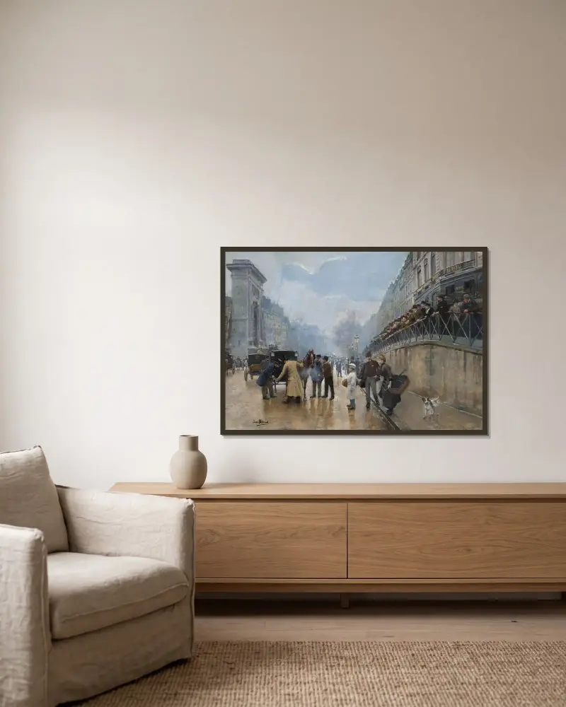 Olyckan; Porte Saint-Denis av Jean Béraud inramad på en vägg