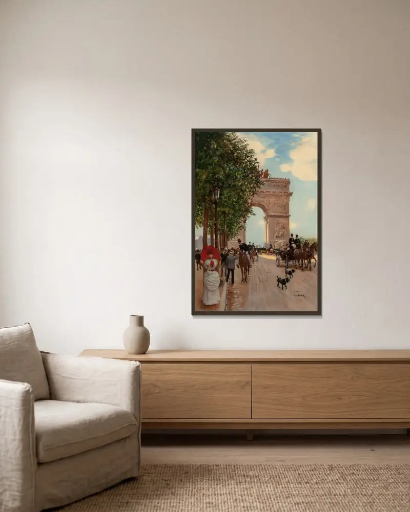 L’Arc de Triomphe, Champs-Elysées av Jean Béraud inramad på en vägg