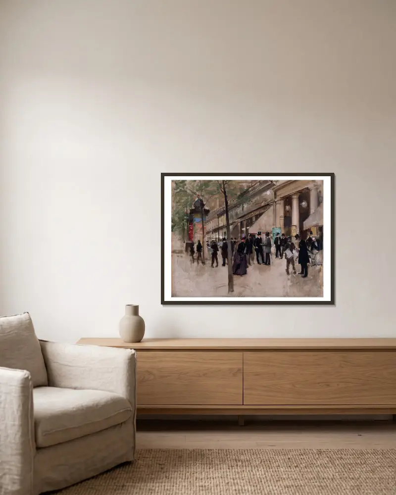 Le boulevard Montmartre, devant le théâtre des Variétés, l’après-midi av Jean Béraud inramad på en vägg