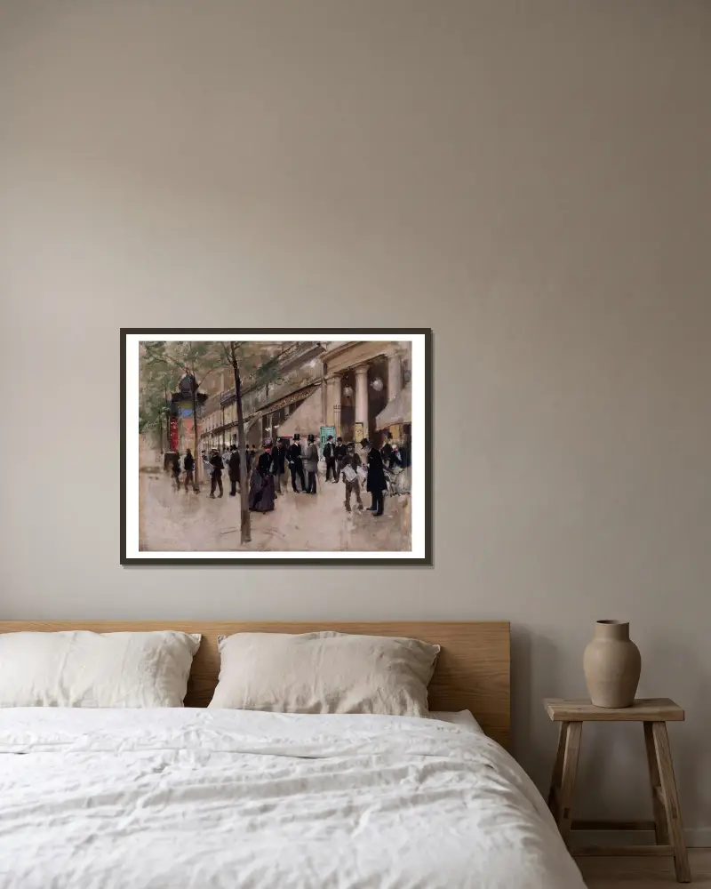Le boulevard Montmartre, devant le théâtre des Variétés, l’après-midi av Jean Béraud inramad på en vägg
