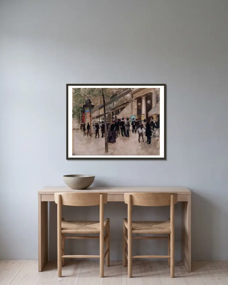 Le boulevard Montmartre, devant le théâtre des Variétés, l’après-midi av Jean Béraud inramad på en vägg