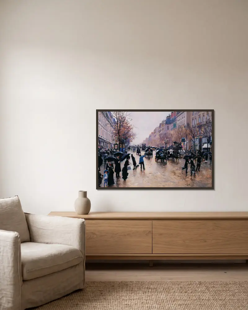Le boulevard Poissonière sous la pluie av Jean Béraud inramad på en vägg