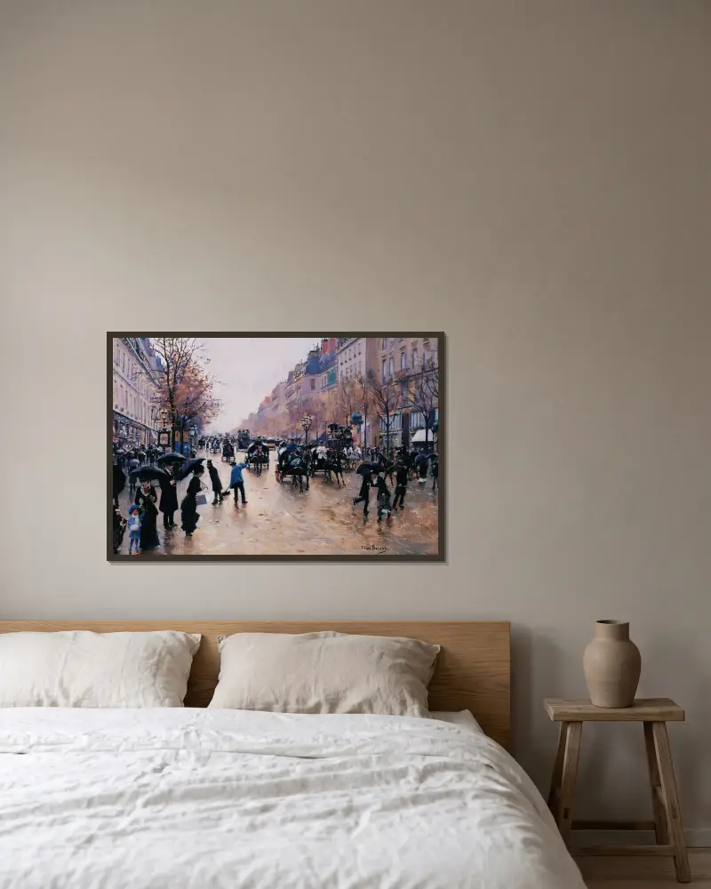 Le boulevard Poissonière sous la pluie av Jean Béraud inramad på en vägg