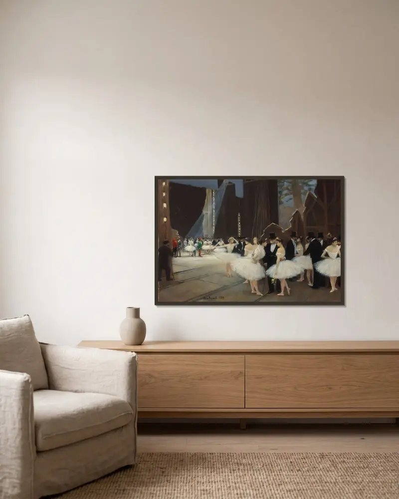 Bakom kulisserna på Parisoperan av Jean Béraud inramad på en vägg