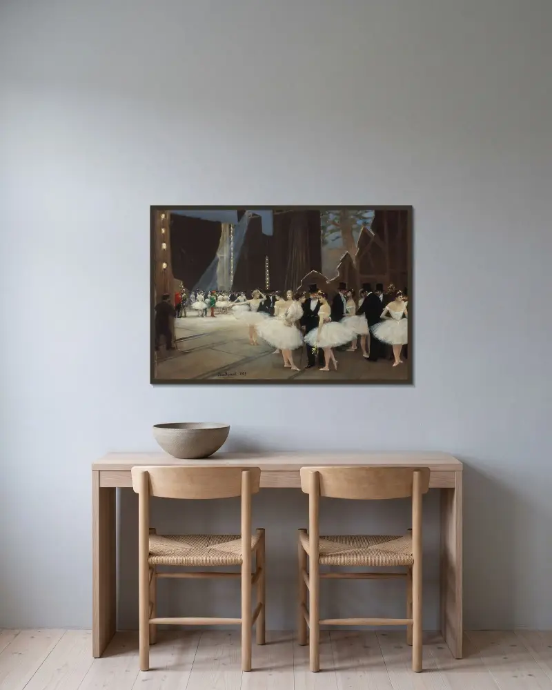Bakom kulisserna på Parisoperan av Jean Béraud inramad på en vägg