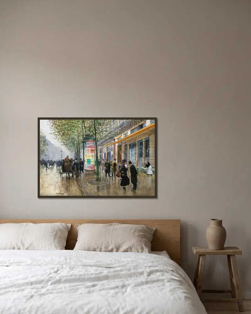 Les Grands Boulevards (Café Américain) av Jean Béraud inramad på en vägg