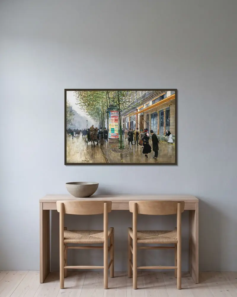 Les Grands Boulevards (Café Américain) av Jean Béraud inramad på en vägg