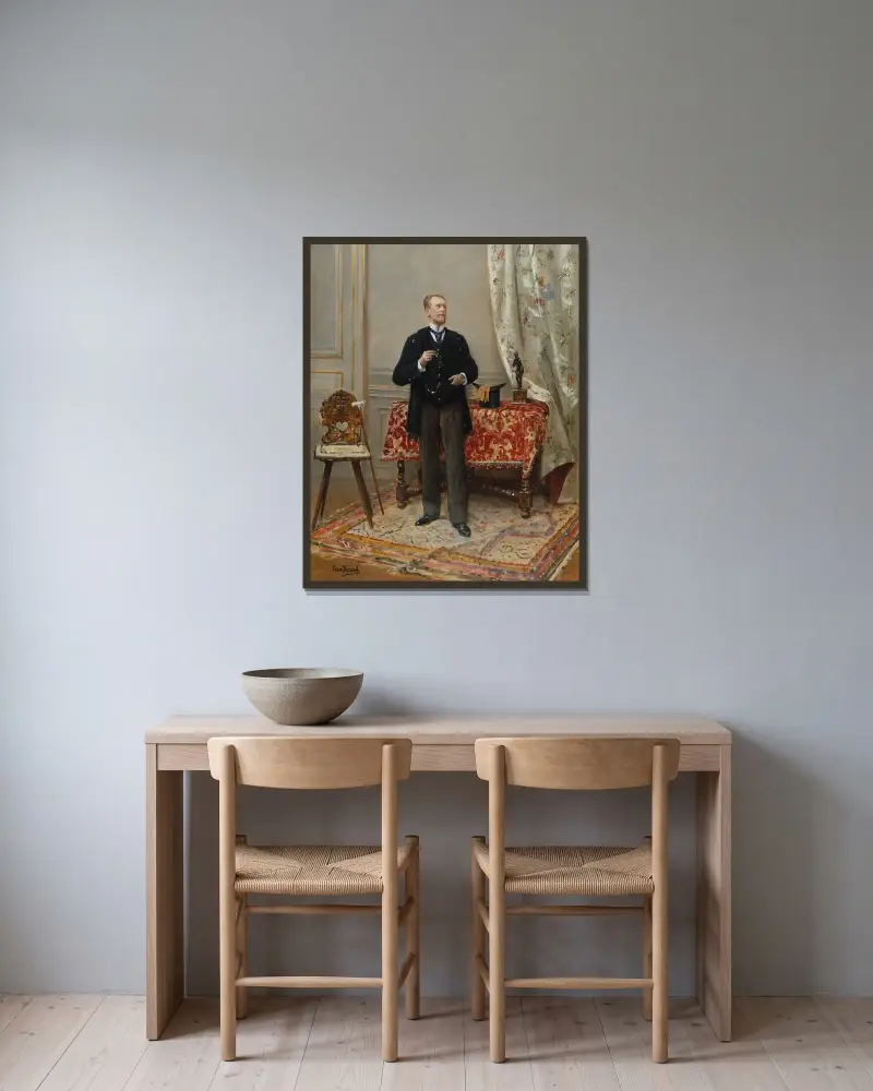 Portrait d’Edmond Taigny (1828-1906), historien et collectionneur av Jean Béraud inramad på en vägg