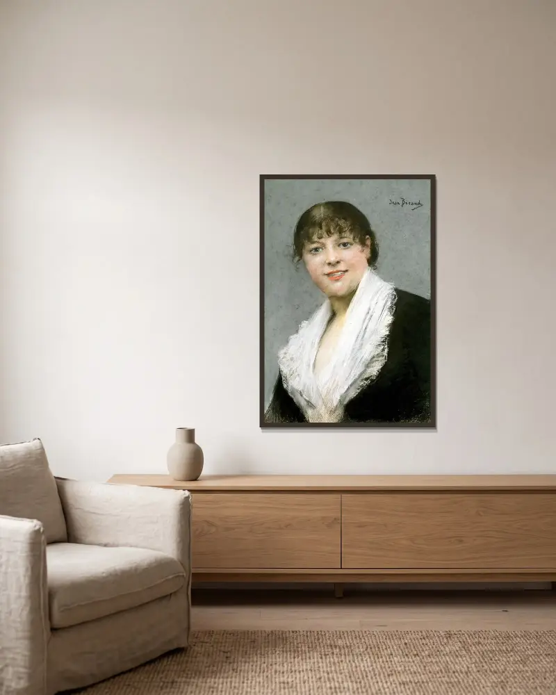 Porträtt av Céline Montaland av Jean Béraud inramad på en vägg