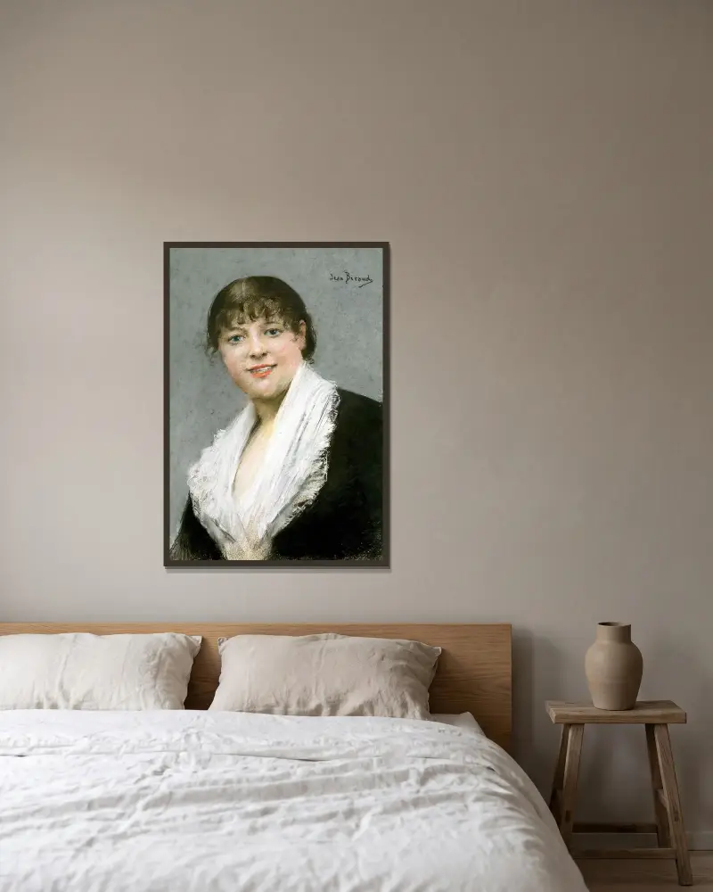 Porträtt av Céline Montaland av Jean Béraud inramad på en vägg