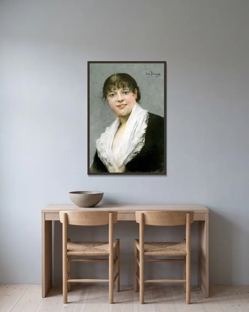 Porträtt av Céline Montaland av Jean Béraud inramad på en vägg