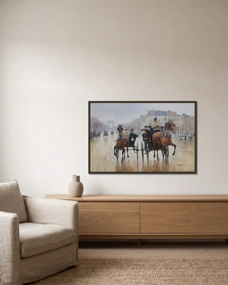 Rond-point des Champs-Élysées av Jean Béraud inramad på en vägg