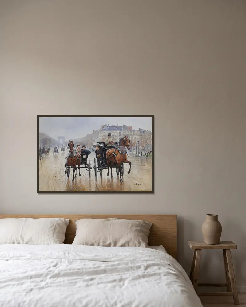Rond-point des Champs-Élysées av Jean Béraud inramad på en vägg