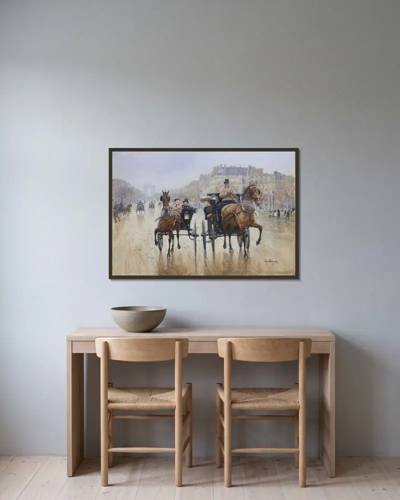 Rond-Point des Champs-Élysées av Jean Béraud inramad på en vägg
