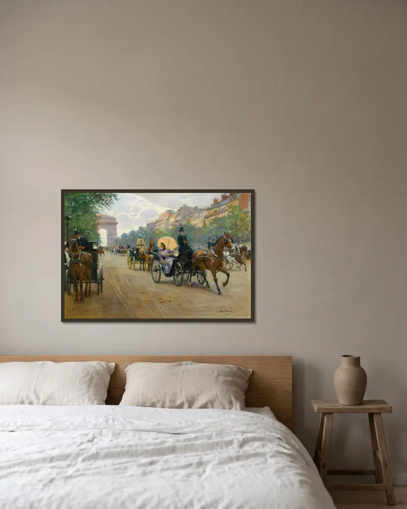 Scen på Champs-Élysées av Jean Béraud inramad på en vägg