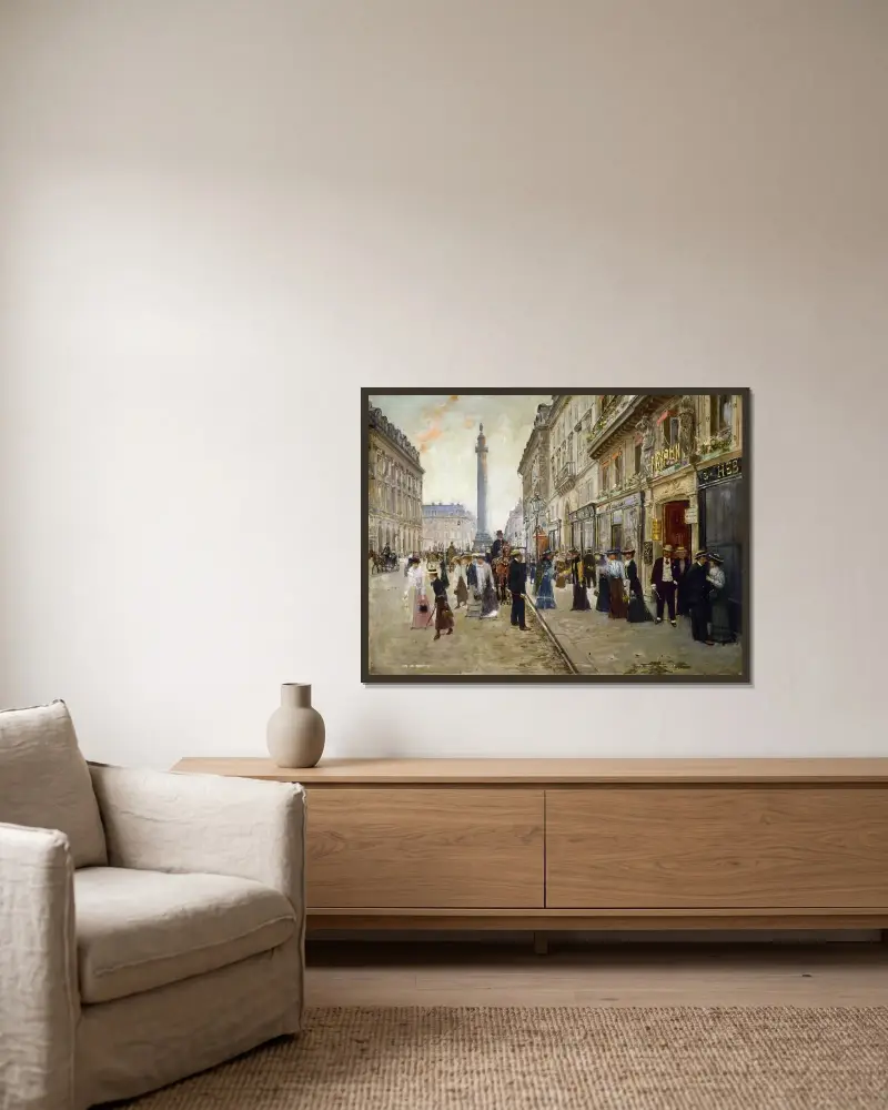 Arbetarnas utgång från Maison Paquin av Jean Béraud inramad på en vägg