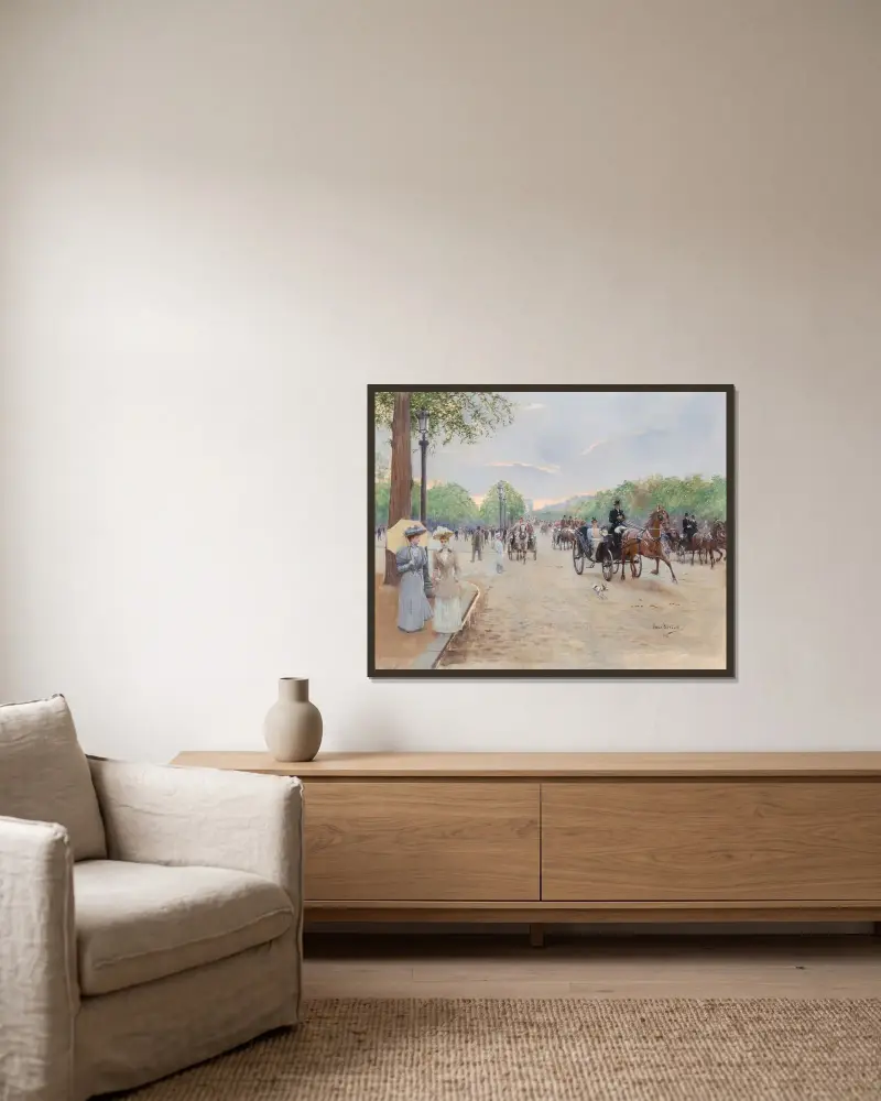 På Champs-Élysées av Jean Béraud inramad på en vägg