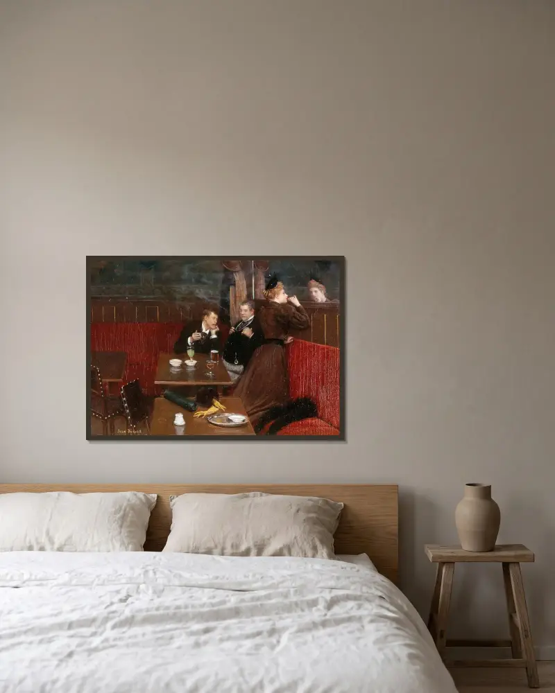 Tre gestalter på ett kafé av Jean Béraud inramad på en vägg