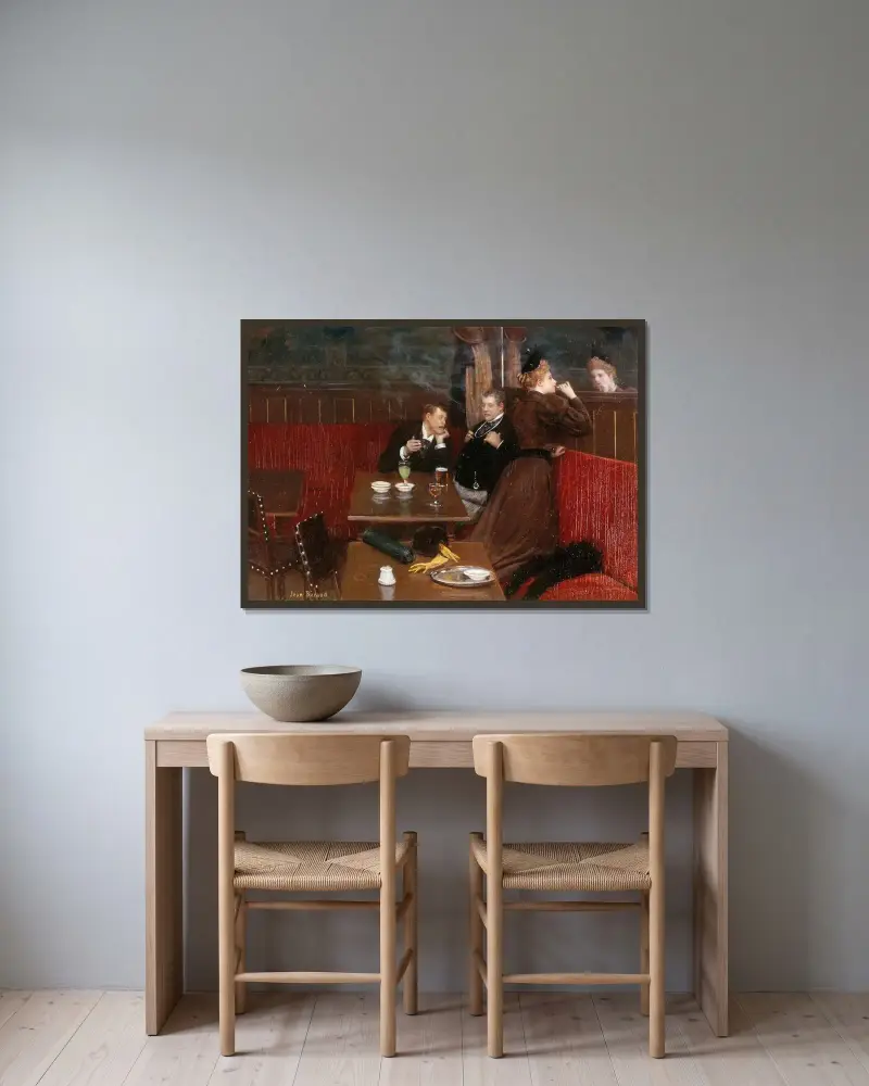 Tre gestalter på ett kafé av Jean Béraud inramad på en vägg