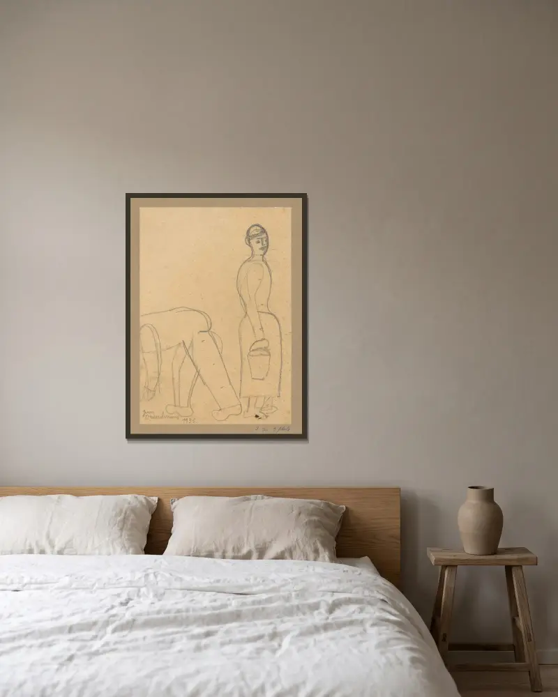 Gebeugter Mann und Frau im Profil, einen Eimer tragend von Jean Brusselmans gerahmt an einer Wand