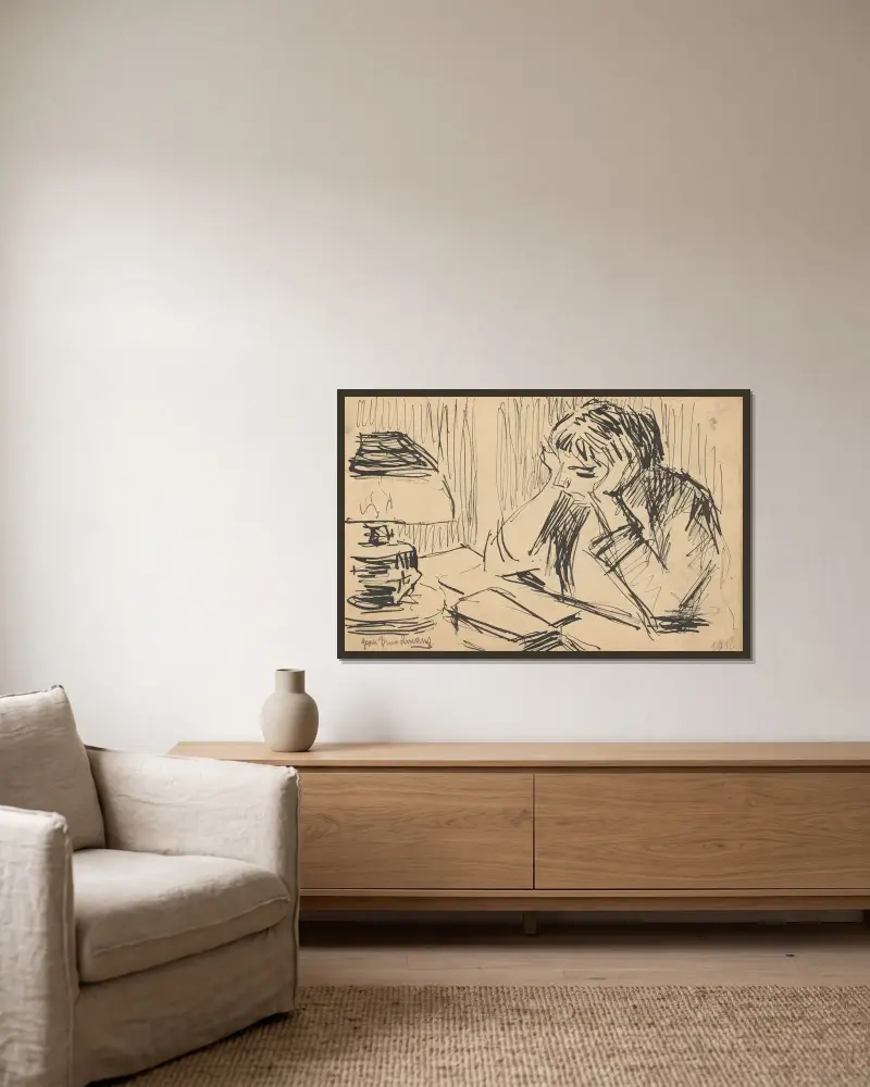 Figur vid ett skrivbord av Jean Brusselmans inramad på en vägg