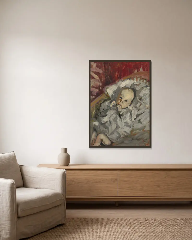 Kind in der Wiege von Jean Brusselmans gerahmt an einer Wand