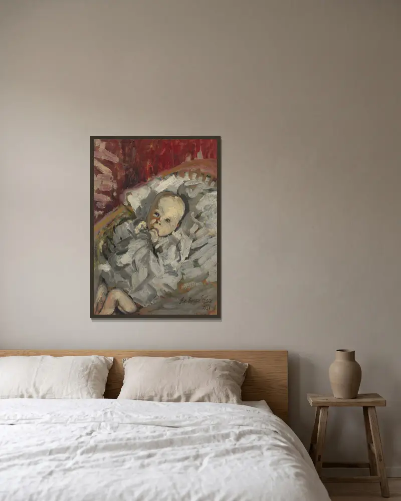 Kind in der Wiege von Jean Brusselmans gerahmt an einer Wand