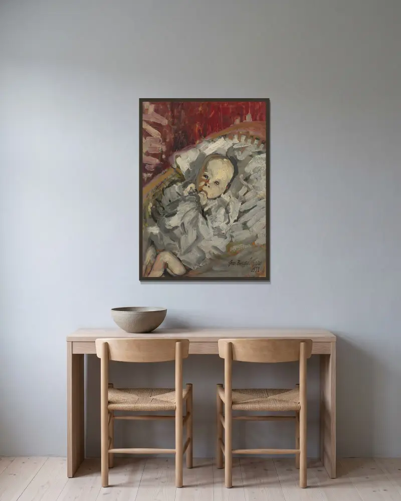 Kind in der Wiege von Jean Brusselmans gerahmt an einer Wand