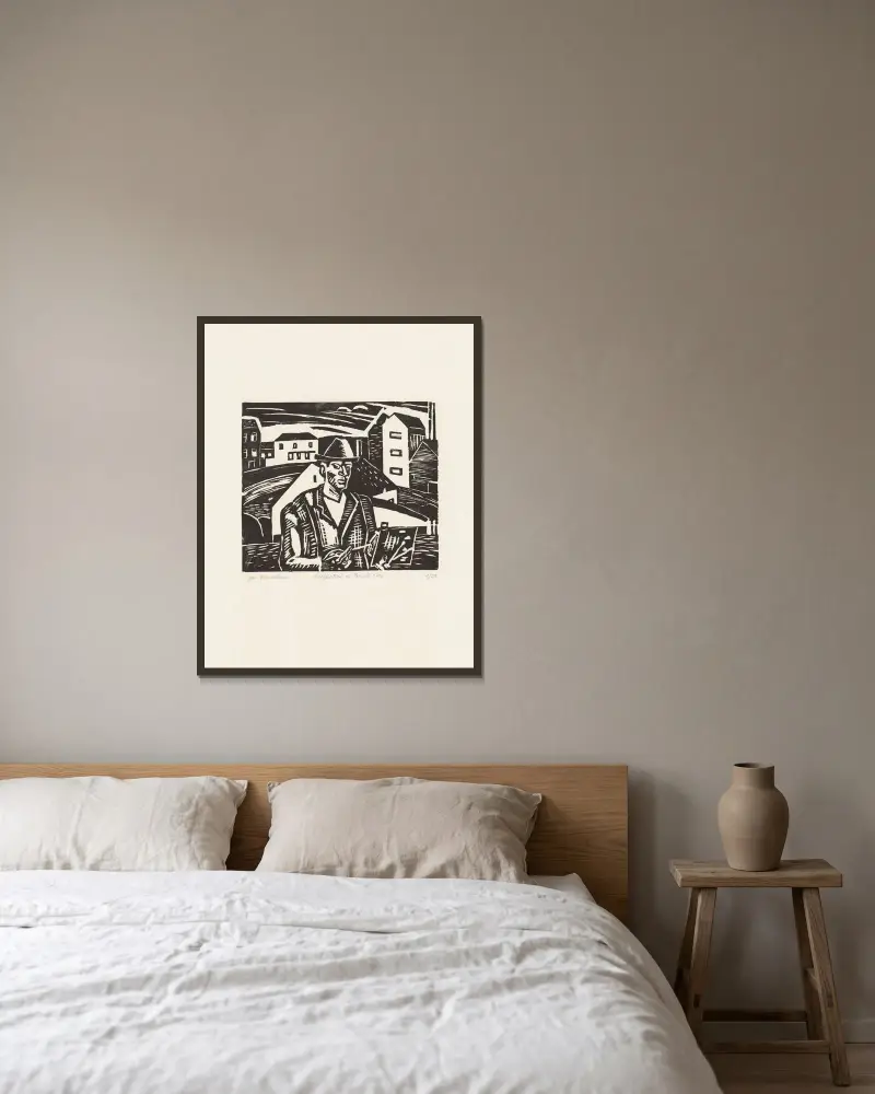 Självporträtt med peruk av Jean Brusselmans inramad på en vägg