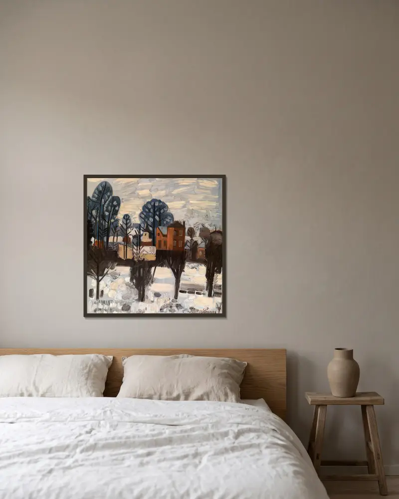 Verschneite Landschaft von Jean Brusselmans gerahmt an einer Wand