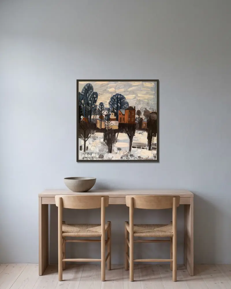 Verschneite Landschaft von Jean Brusselmans gerahmt an einer Wand