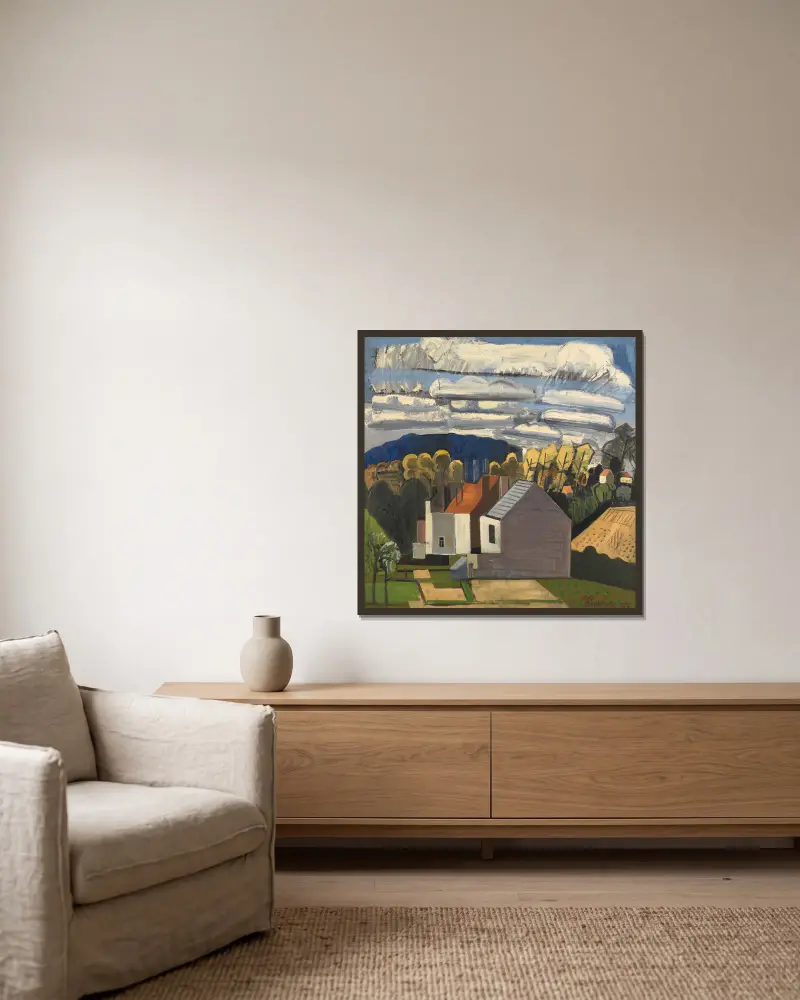 Sonnige Landschaft von Jean Brusselmans gerahmt an einer Wand