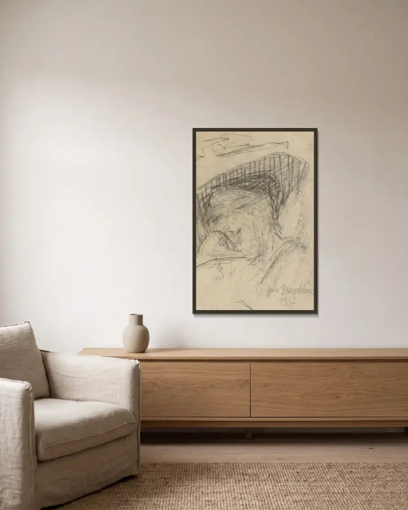 Kvinnohuvud av Jean Brusselmans inramad på en vägg
