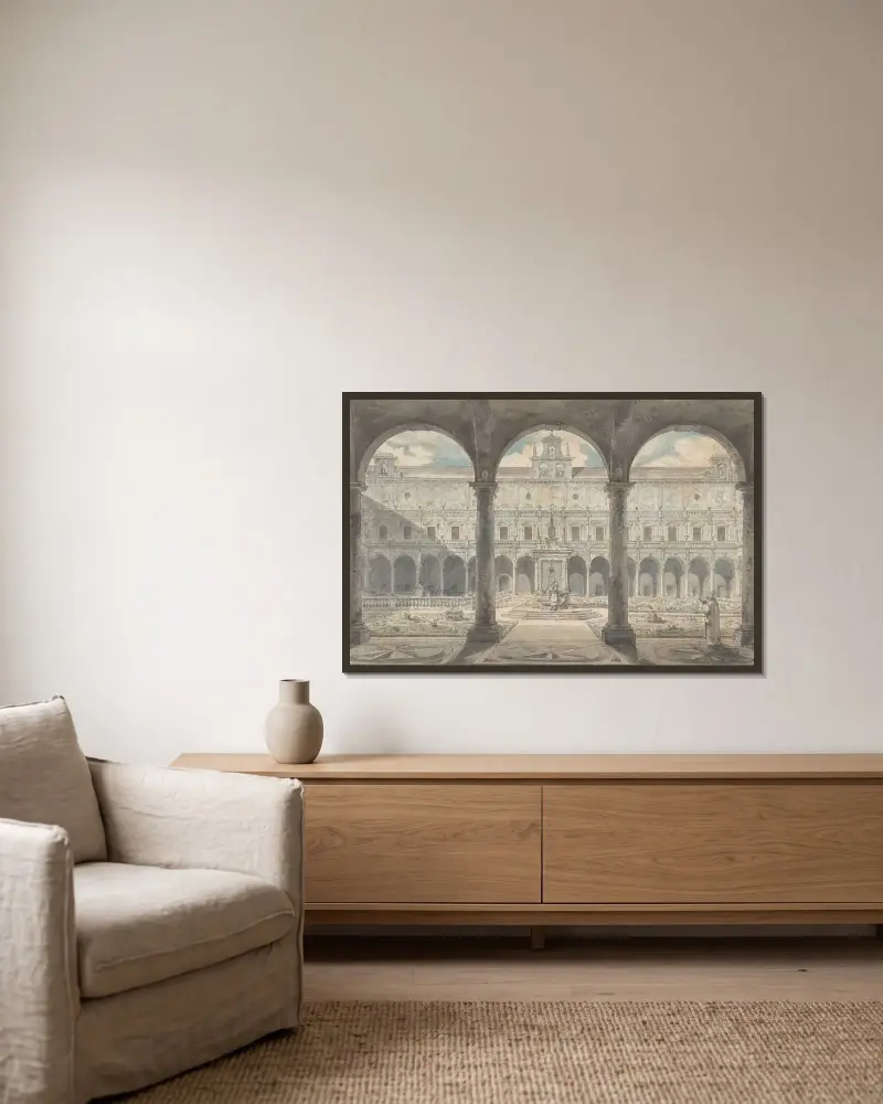 Klostergång i Certosa di San Martino, Neapel av Louis Jean Desprez inramad på en vägg