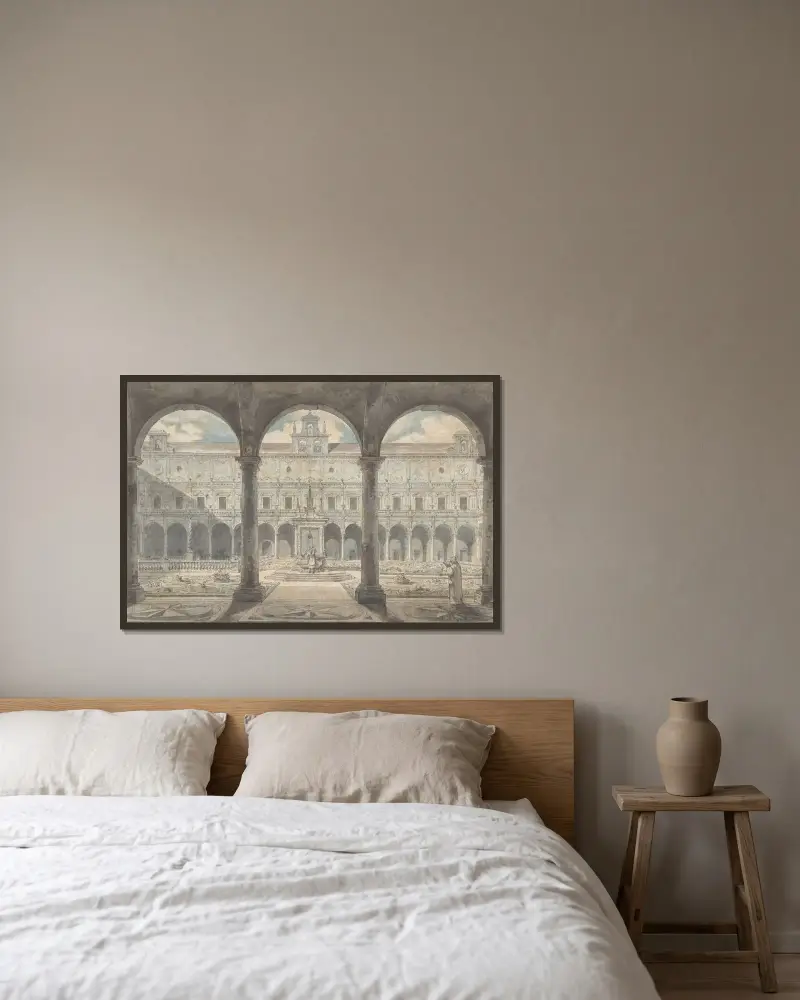 Klostergång i Certosa di San Martino, Neapel av Louis Jean Desprez inramad på en vägg