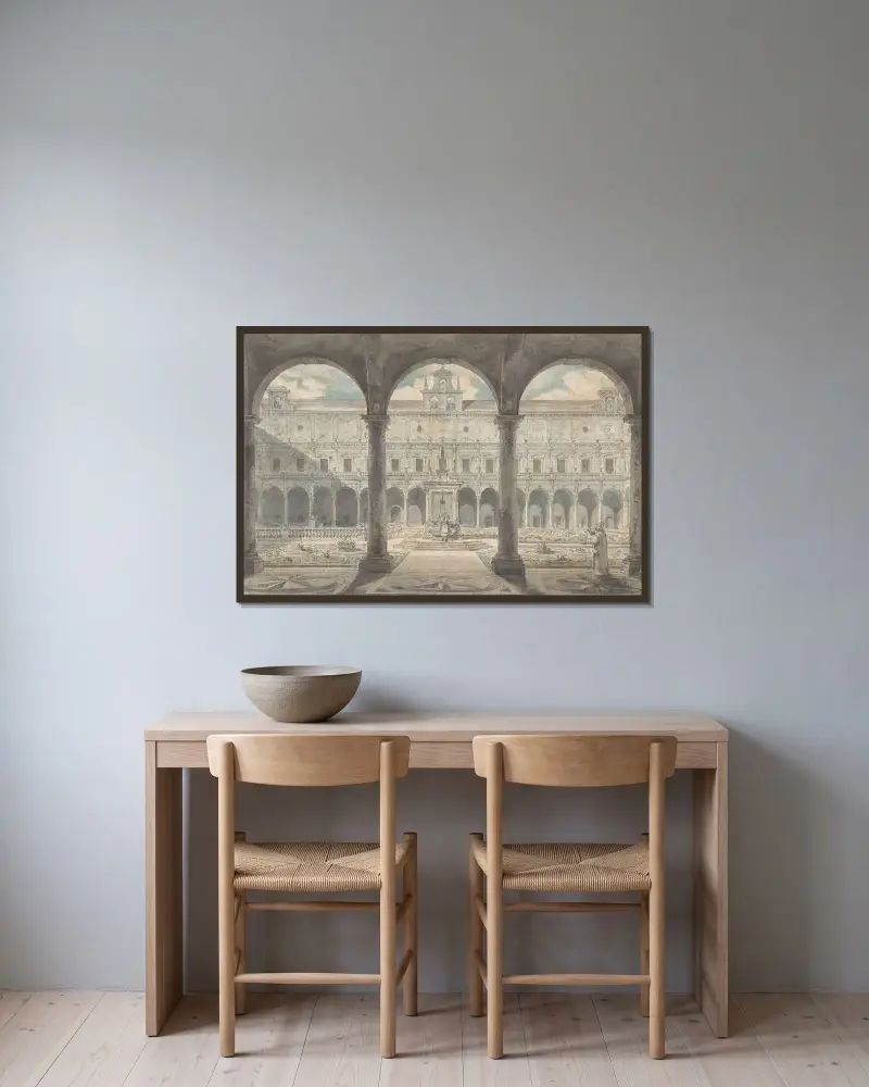 Klostergång i Certosa di San Martino, Neapel av Louis Jean Desprez inramad på en vägg