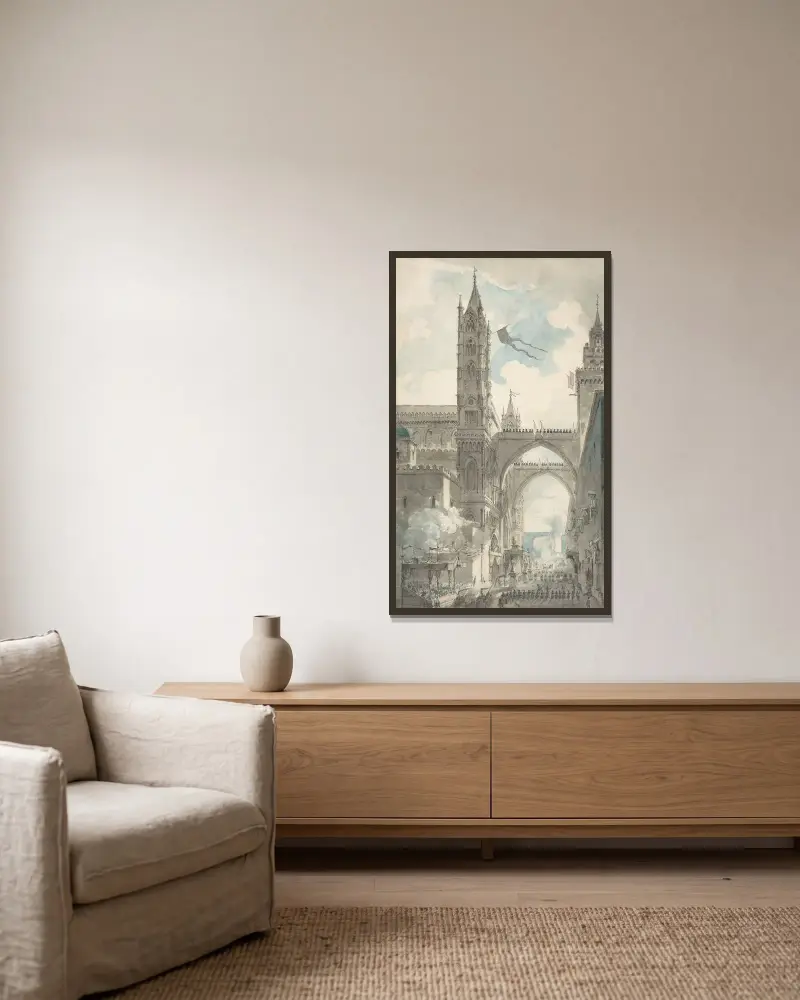 Ansicht des Portals und Haupteingangs der Kathedrale von Palermo während des Festes der Heiligen Rosalia von Louis Jean Desprez gerahmt an einer Wand
