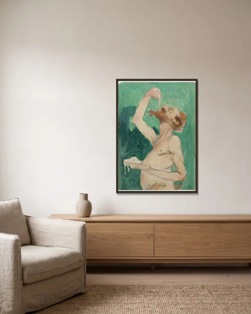 Faun, der Spaghetti isst von Jean d'Ylen gerahmt an einer Wand
