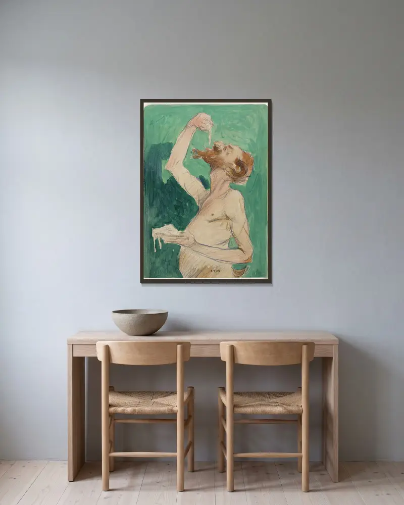 Faun, der Spaghetti isst von Jean d'Ylen gerahmt an einer Wand