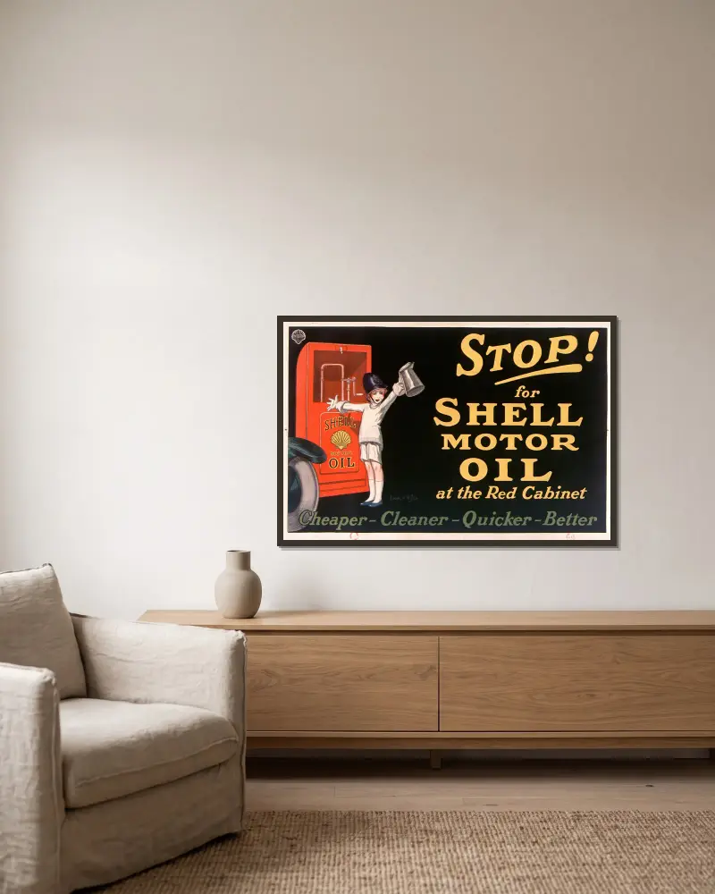 Stop! for Shell motor oil at the Red Cabinet av Jean d'Ylen inramad på en vägg